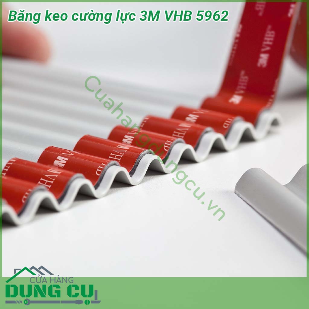 Băng keo cường lực 3M VHB 5962&nbsp;có khả năng chịu lực rất tốt &nbsp;Khả năng chống nứt chống UV và chống nước chống va đập mài mòn Có thể sử dụng cho các ứng dụng trong nhà hoặc ngoài trời Không bị chết keo không để lại keo sau khi lột bỏ