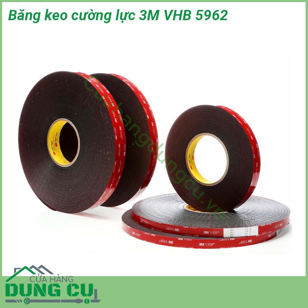 Băng keo cường lực 3M VHB 5962&nbsp;có khả năng chịu lực rất tốt &nbsp;Khả năng chống nứt chống UV và chống nước chống va đập mài mòn Có thể sử dụng cho các ứng dụng trong nhà hoặc ngoài trời Không bị chết keo không để lại keo sau khi lột bỏ