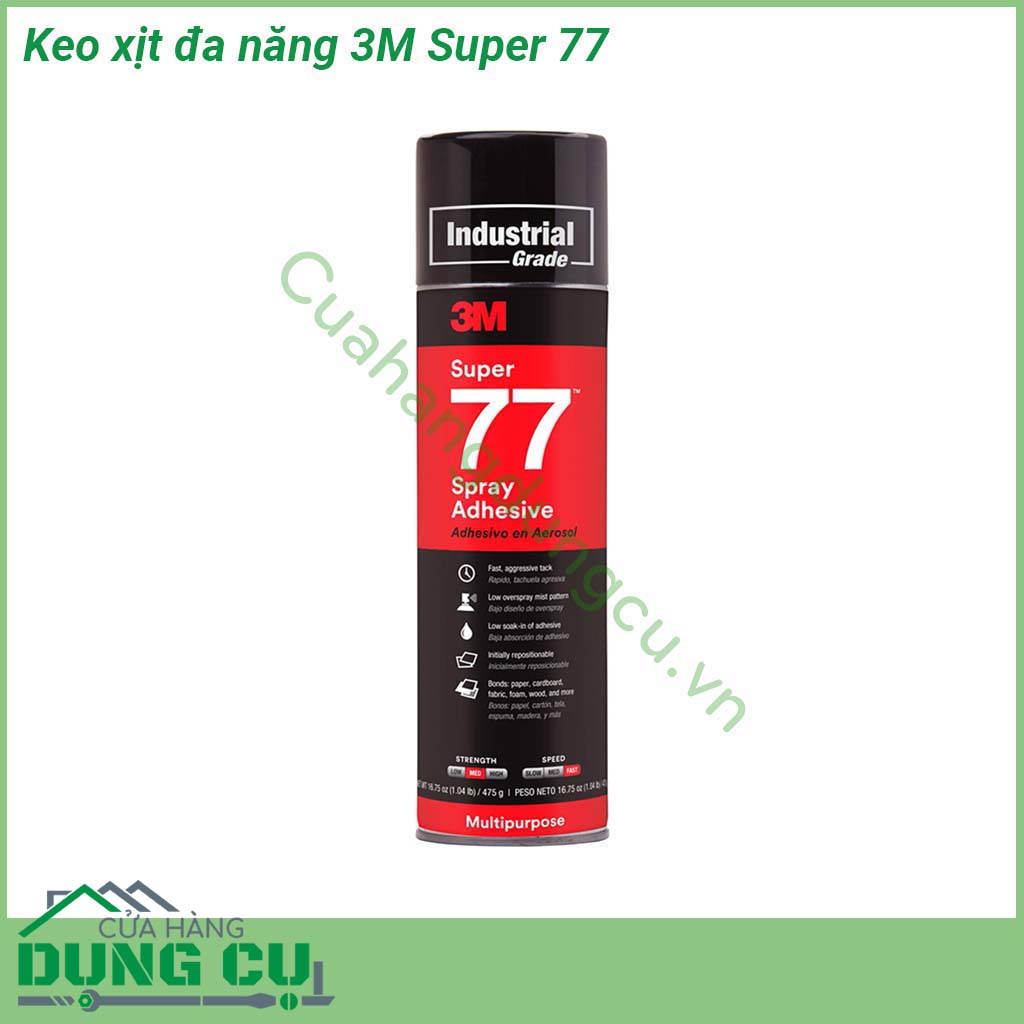 Keo xịt đa năng 3M Super 77&nbsp;có khả năng kết dính vĩnh cửu cách thức phun đơn giản khô nhanh trong suốt dễ dàng phun trực tiếp lên bề mặt vật liệu khi cần thiết &nbsp;có khả năng kết dính với nhiều loại vật liệu có trọng lượng nhẹ