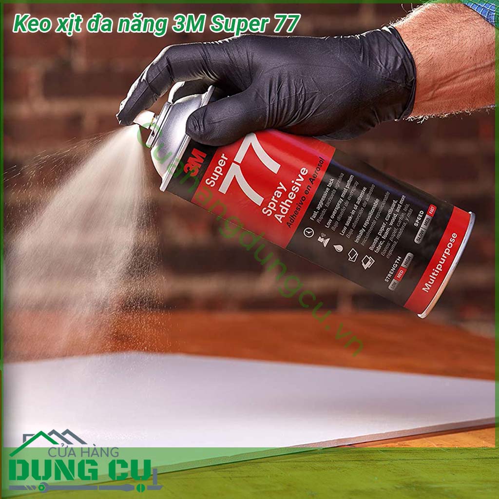 Keo xịt đa năng 3M Super 77&nbsp;có khả năng kết dính vĩnh cửu cách thức phun đơn giản khô nhanh trong suốt dễ dàng phun trực tiếp lên bề mặt vật liệu khi cần thiết &nbsp;có khả năng kết dính với nhiều loại vật liệu có trọng lượng nhẹ