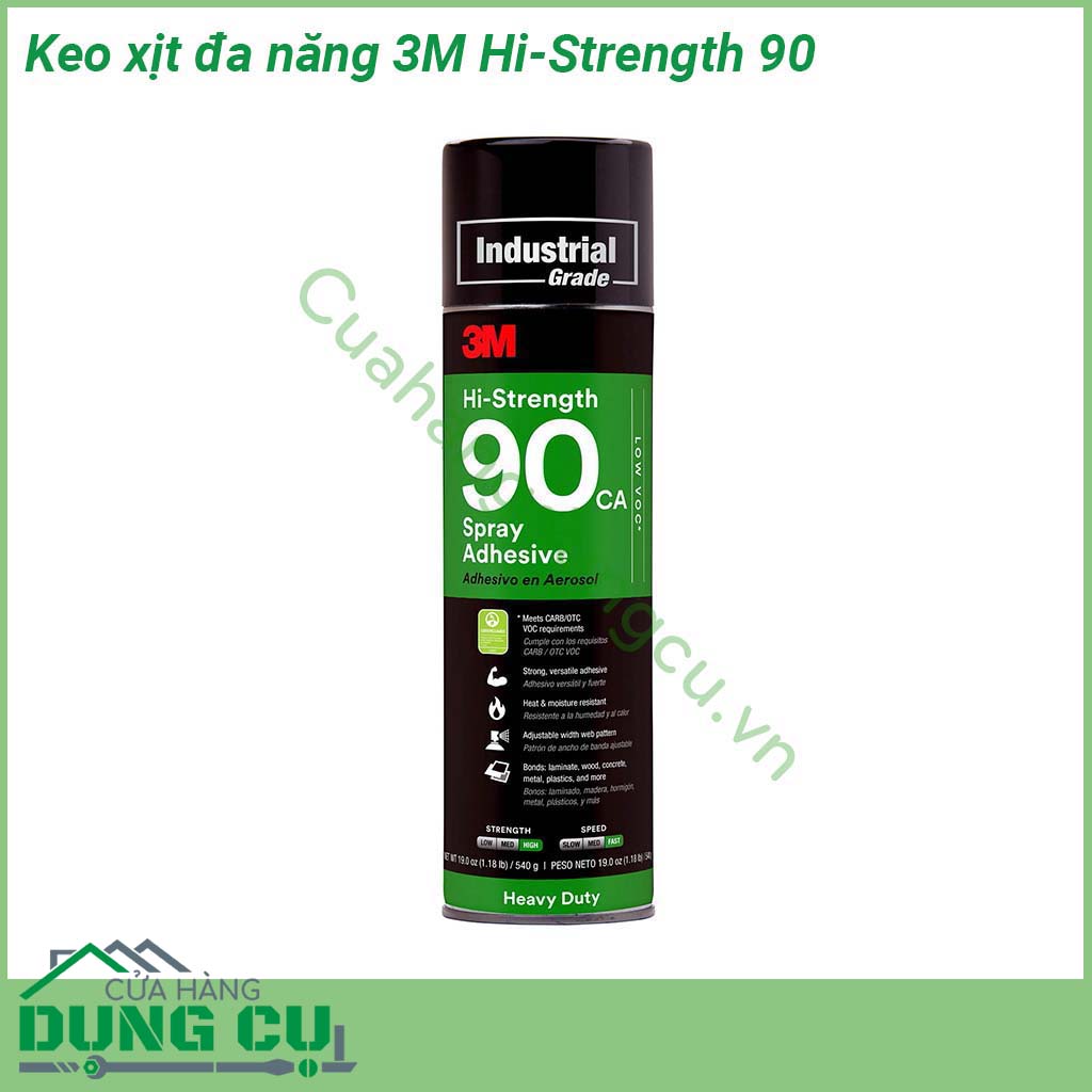 Keo xịt đa năng 3M Hi-Strength 90&nbsp;được thiết kế dạng đầu xịt nên khi bạn ấn nút lượng keo sẽ phun đều trên toàn bề mặt vật cần dán &nbsp;Keo rất dễ sử dụng nhanh khô độ dính cao chịu nhiệt tốt giúp mối hàn bền vững dưới tác động của môi trường