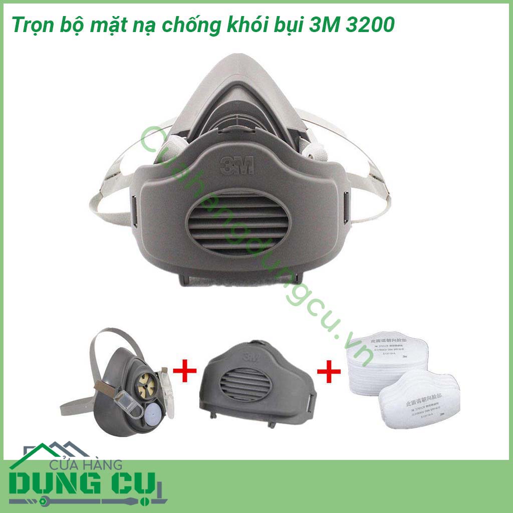 Trọn bộ mặt nạ chống khói bụi 3M 3200&nbsp;thiết kế nhỏ gọn nhẹ nhàng chất liệu được làm từ silicon và nhựa cao cấp chịu được nhiệt độ độ ẩm cao ôm khít gương mặt giúp bạn có thể sử dụng lâu dài mà vẫn luôn cảm thấy thoải mái &nbsp;