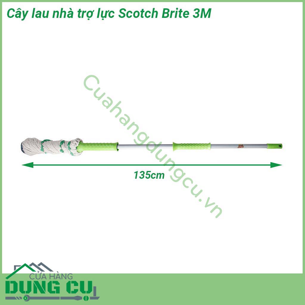 Cây lau nhà trợ lực Scotch Brite 3M với thân cây cấu tạo từ thép và có khớp tăng giảm độ dài giúp cho việc di chuyển nhẹ nhàng và dễ dàng Bông lau được làm từ sợi cotton mềm mại thấm hút tốt có công dụng đánh sạch các vết bẩn cứng đầu