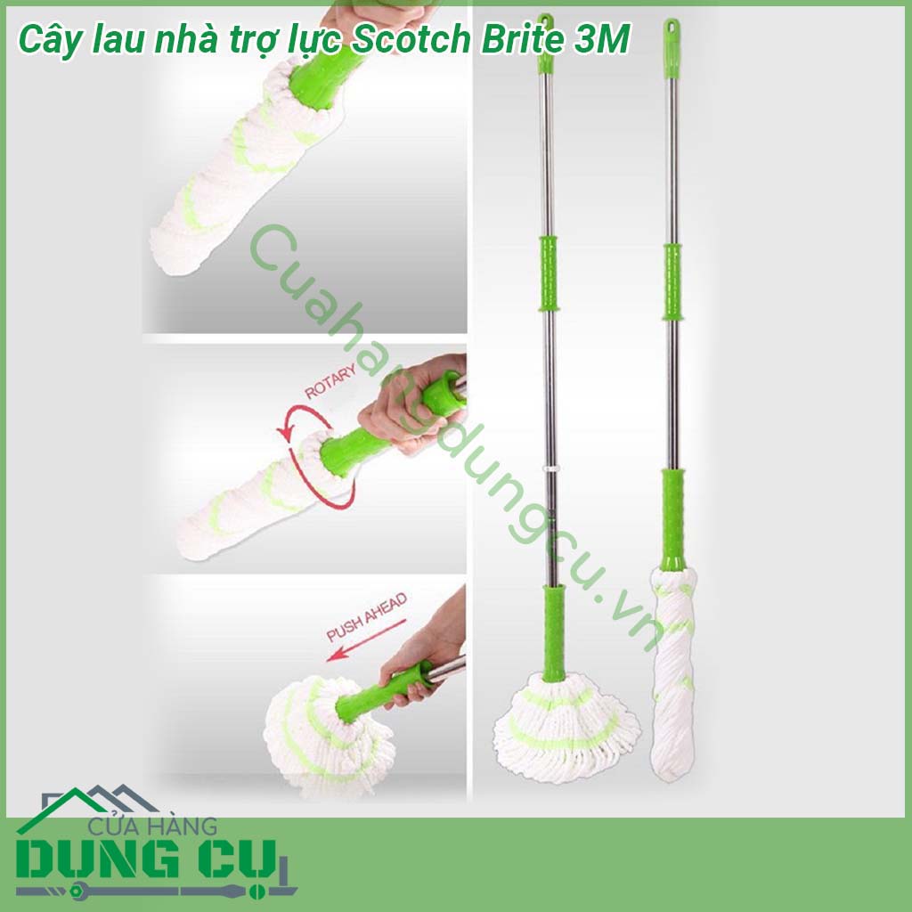 Cây lau nhà trợ lực Scotch Brite 3M với thân cây cấu tạo từ thép và có khớp tăng giảm độ dài giúp cho việc di chuyển nhẹ nhàng và dễ dàng Bông lau được làm từ sợi cotton mềm mại thấm hút tốt có công dụng đánh sạch các vết bẩn cứng đầu