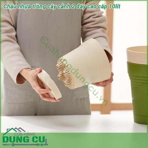 Chậu nhựa trồng cây cảnh 2 đáy cao cấp 10L được sản xuất bằng loại nhựa cao cấp độ dẻo cao đàn hồi tốt  Diện tích lòng chậu rộng nên chứa được nhiều đất trồng cây  Đáy chậu lớp thứ 2 có thể trữ nước lên tới 1 tuần dễ dàng việc chăm sóc