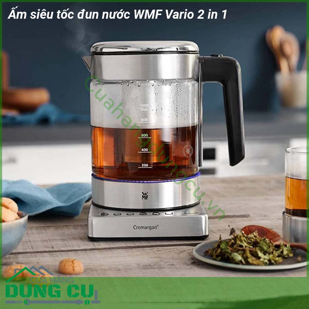 Ấm siêu tốc đun nước WMF Vario 2 in 1 thiết kế hiện đại với chất liệu thép cromagan chắc chắn - thủy tinh Shott Duran trong suốt chịu nhiệt dễ vệ sinh giúp quan sát nước sôi 1 cách dễ dàng Dung tích của ấm là 1 0 lít với&nbsp;5 chế độ cài đặt&nbsp;nhiệt độ