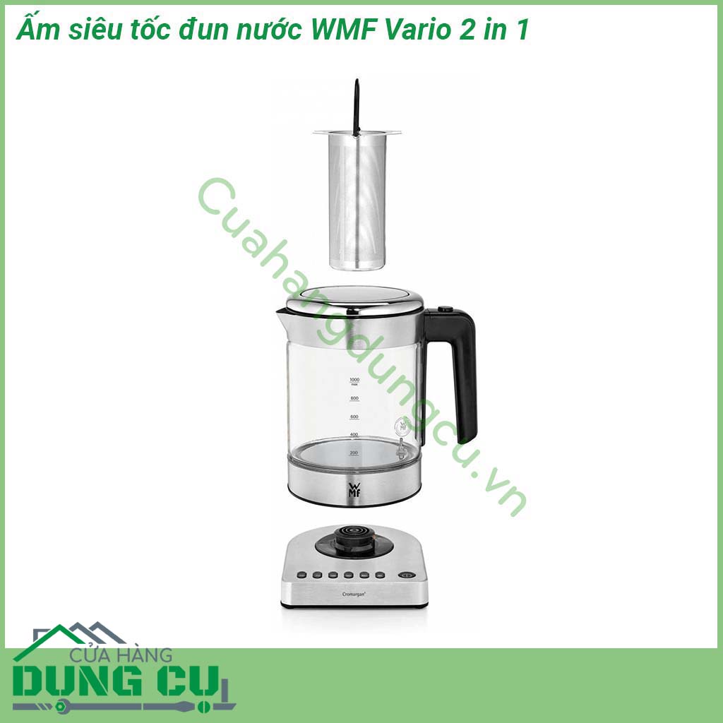 Ấm siêu tốc đun nước WMF Vario 2 in 1 thiết kế hiện đại với chất liệu thép cromagan chắc chắn - thủy tinh Shott Duran trong suốt chịu nhiệt dễ vệ sinh giúp quan sát nước sôi 1 cách dễ dàng Dung tích của ấm là 1 0 lít với&nbsp;5 chế độ cài đặt&nbsp;nhiệt độ