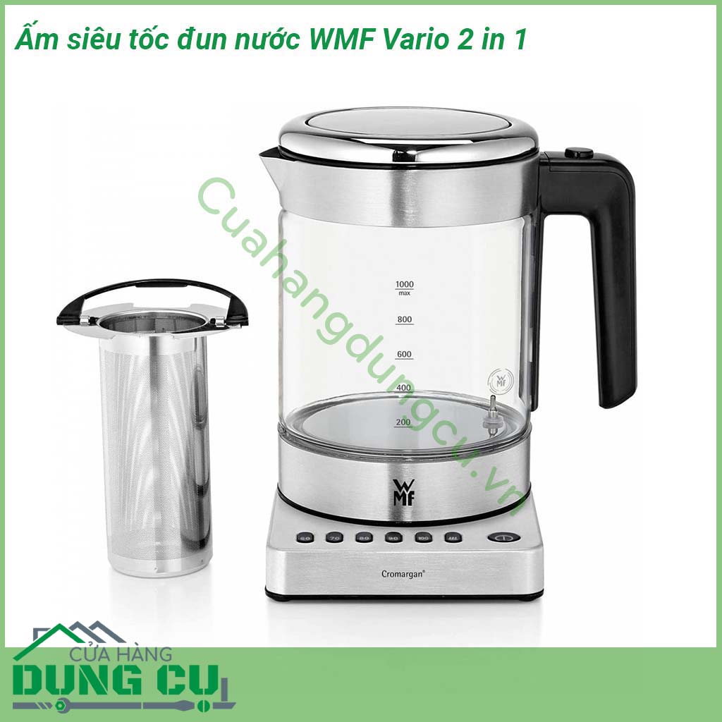 Ấm siêu tốc đun nước WMF Vario 2 in 1 thiết kế hiện đại với chất liệu thép cromagan chắc chắn - thủy tinh Shott Duran trong suốt chịu nhiệt dễ vệ sinh giúp quan sát nước sôi 1 cách dễ dàng Dung tích của ấm là 1 0 lít với&nbsp;5 chế độ cài đặt&nbsp;nhiệt độ