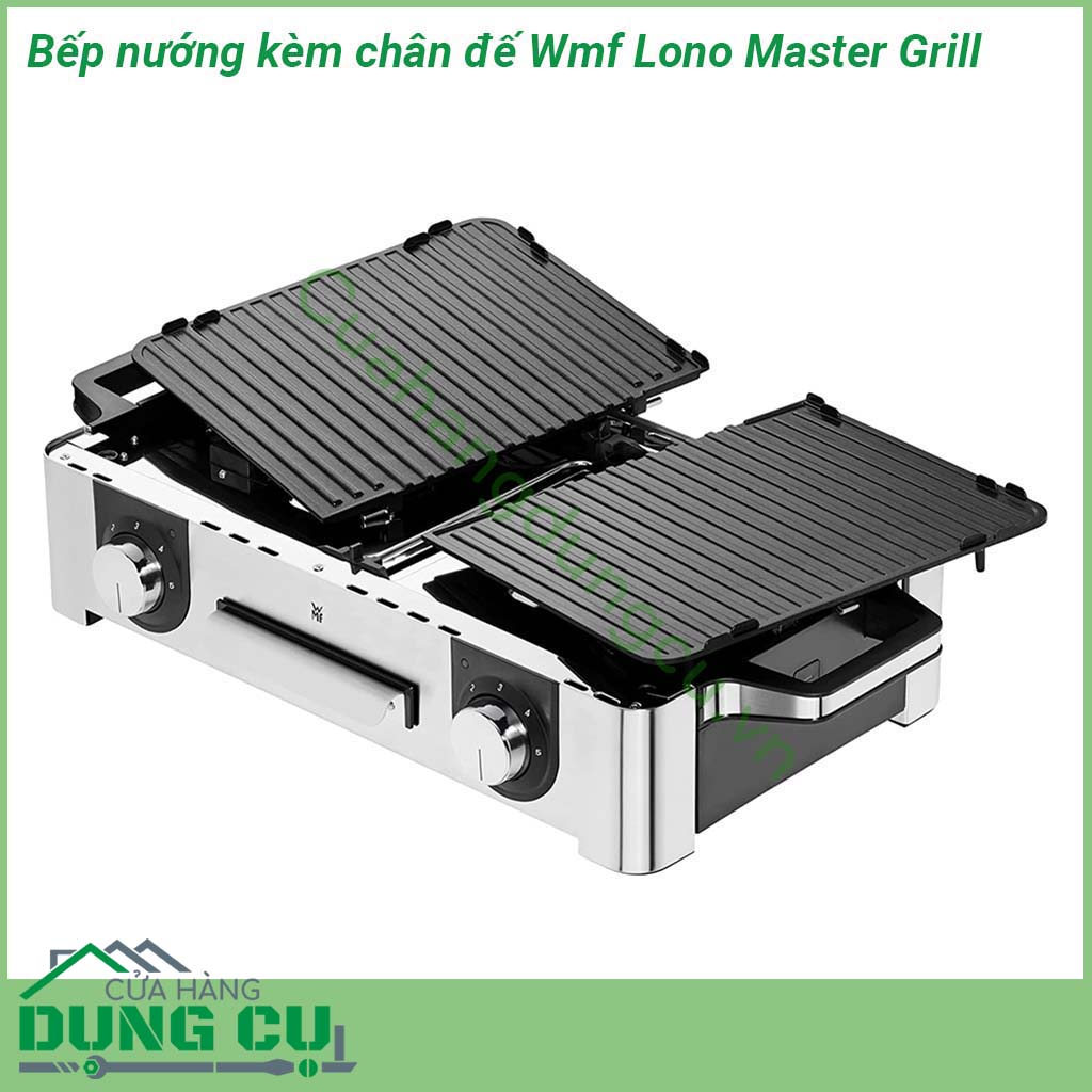 Bếp nướng kèm chân đế Wmf Lono Master Grill toàn bộ thân bếp được làm bằng chất liệu Cromargan cao cấp bếp&nbsp;nướng được thiết kế 2 tấm nướng riêng biệt với chất liệu nhôm đúc dầy dặn được phủ lớp chống dính an toàn tuyệt đối với sức khỏe người tiêu dùng