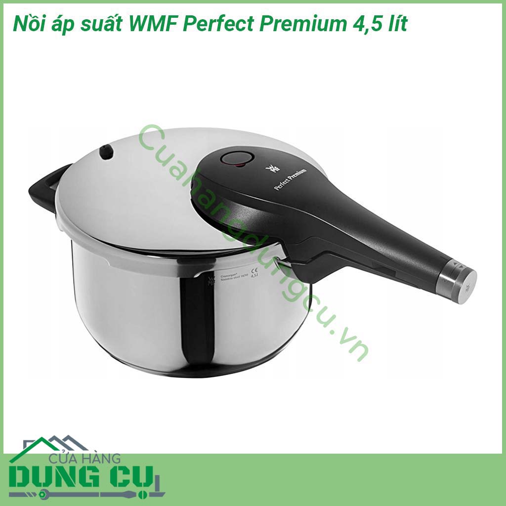 Nồi áp suất WMF Perfect Premium 4 5 lít&nbsp;được làm bằng thép không gỉ Cromargan 18 10 Cromargan giúp sản phẩm khá bền chống lại các va đập &nbsp;Với 2 cấp độ nấu điều khiển bằng một núm vặn Phù hợp với bếp từ Có thể rửa bằng máy rửa bát an toàn