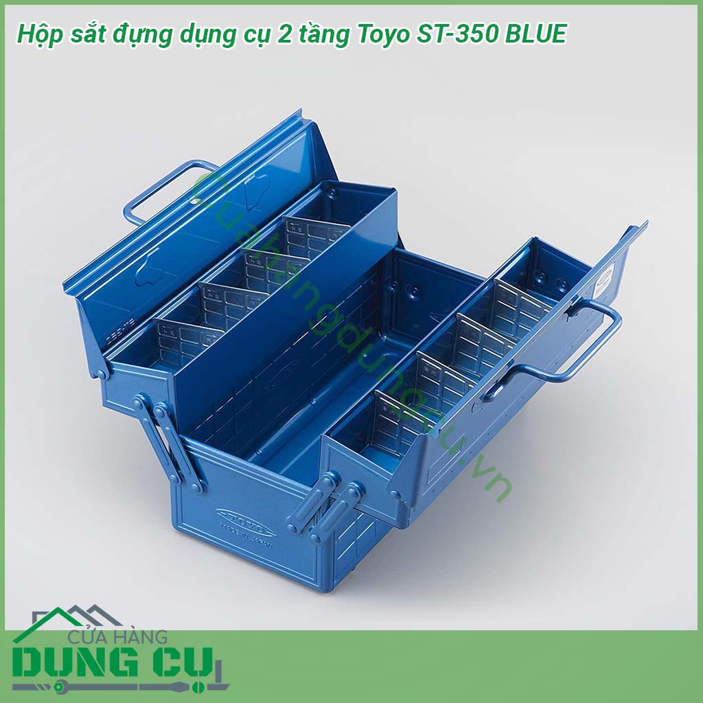 Hộp đựng dụng cụ 2 tầng Toyo ST-350 BLUE được sản xuất từ chất liệu cao cấp nên có độ chắc chắn vượt trội chống gỉ sét chịu được lực tốt và nhu cầu đựng đồ nghề linh kiện phụ kiện hoặc các dụng cụ… Có tay cầm phía trên giúp dễ dàng di chuyển