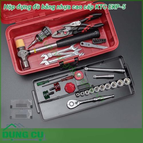 Hộp đựng đồ bằng nhựa cao cấp KTC EKP-5 làm từ chất liệu nhựa cao cấp  độ bền cao và chịu lực tốt  Có tay cầm giúp việc xách mang hộp đựng dụng cụ thuận lợi cho việc sửa chữa tháo lắp ở những nơi xa  Có chốt khóa đảm bảo cho việc bảo quản cất giữ sản phẩm