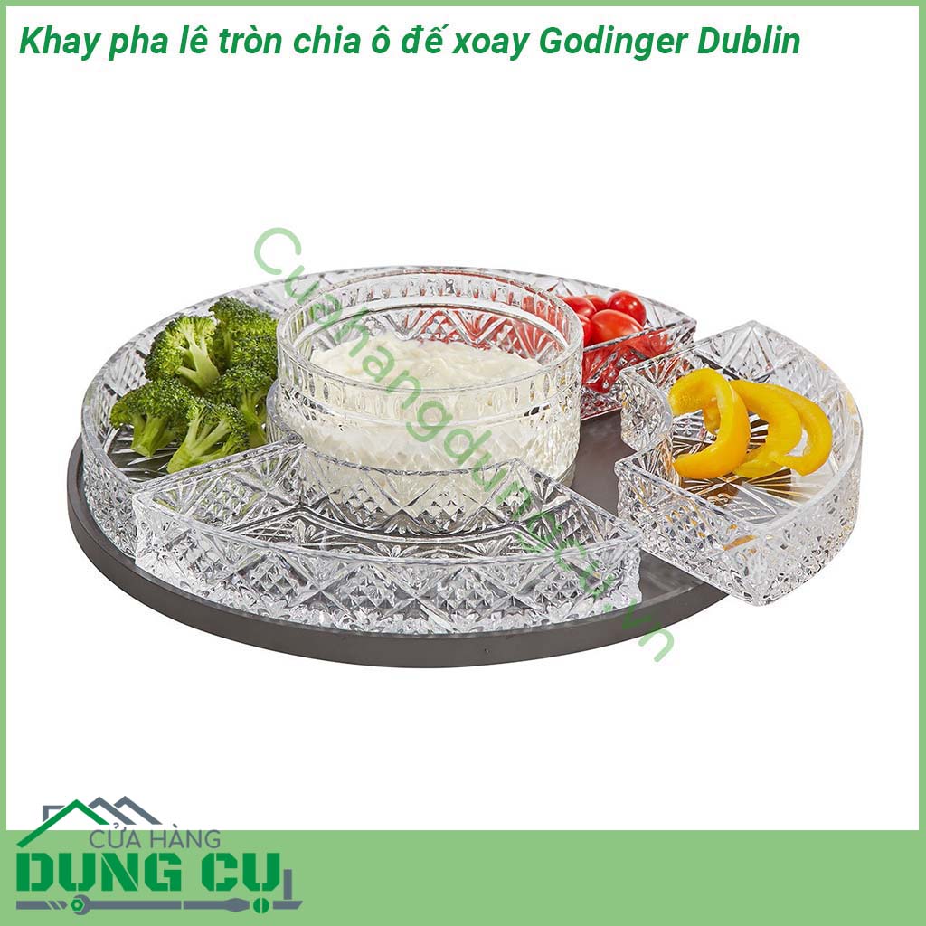 Khay pha lê tròn chia ô đế xoay Godinger Dublin&nbsp;được làm từ pha lê trong suốt thuần khiết không bọt bong bóng độ chiết quang cao các họa tiết trang trí mài tỉ mỉ bền và đẹp có độ bền cao và sử dụng công nghệ chống vỡ xước và rạn nứt hiệu quả &nbsp;