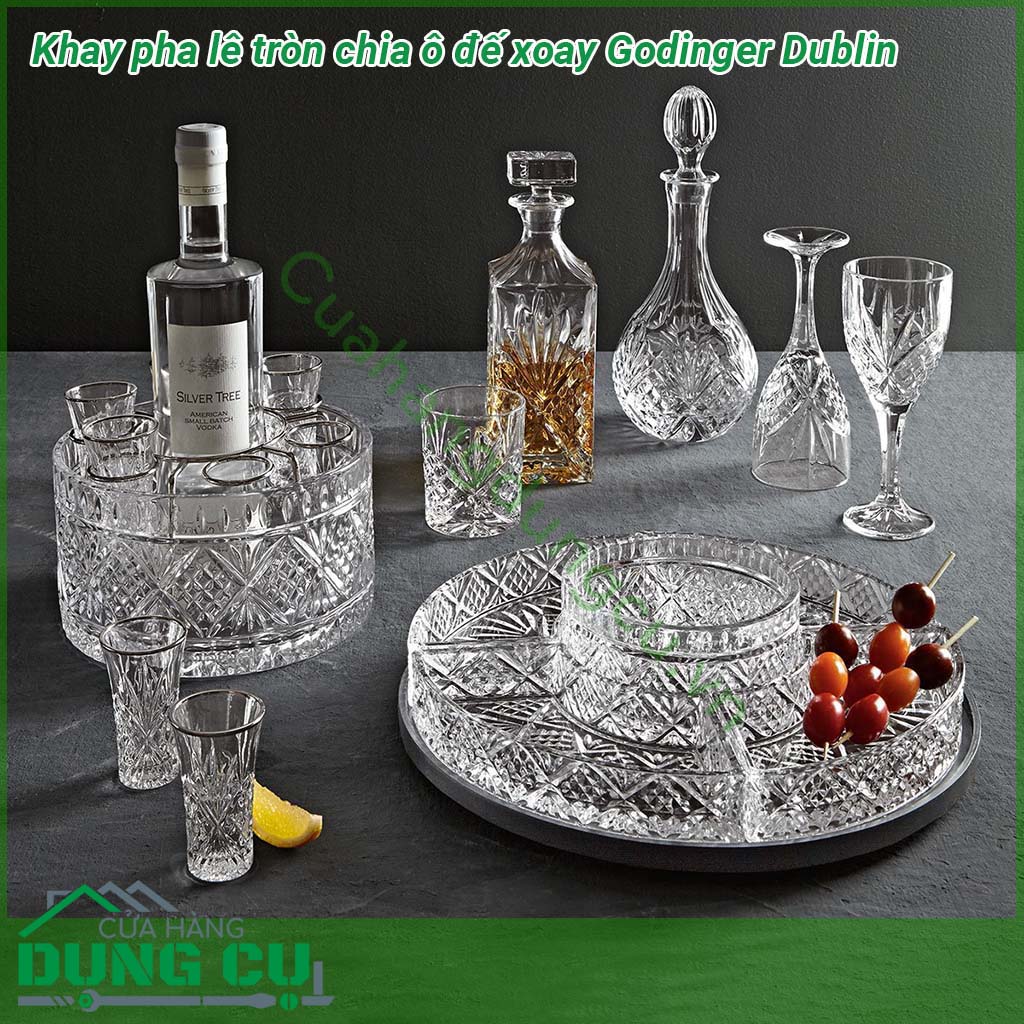 Khay pha lê tròn chia ô đế xoay Godinger Dublin&nbsp;được làm từ pha lê trong suốt thuần khiết không bọt bong bóng độ chiết quang cao các họa tiết trang trí mài tỉ mỉ bền và đẹp có độ bền cao và sử dụng công nghệ chống vỡ xước và rạn nứt hiệu quả &nbsp;
