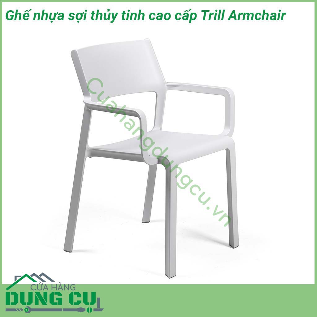 Ghế nhựa sợi thủy tinh cao cấp Trill Armchair có tay vịn được đúc nguyên khối bằng chất liệu Polypropylene với phụ gia chống tia UV và có thể tái chế nên rất thân thiện với môi trường an toàn cho người sử dụng