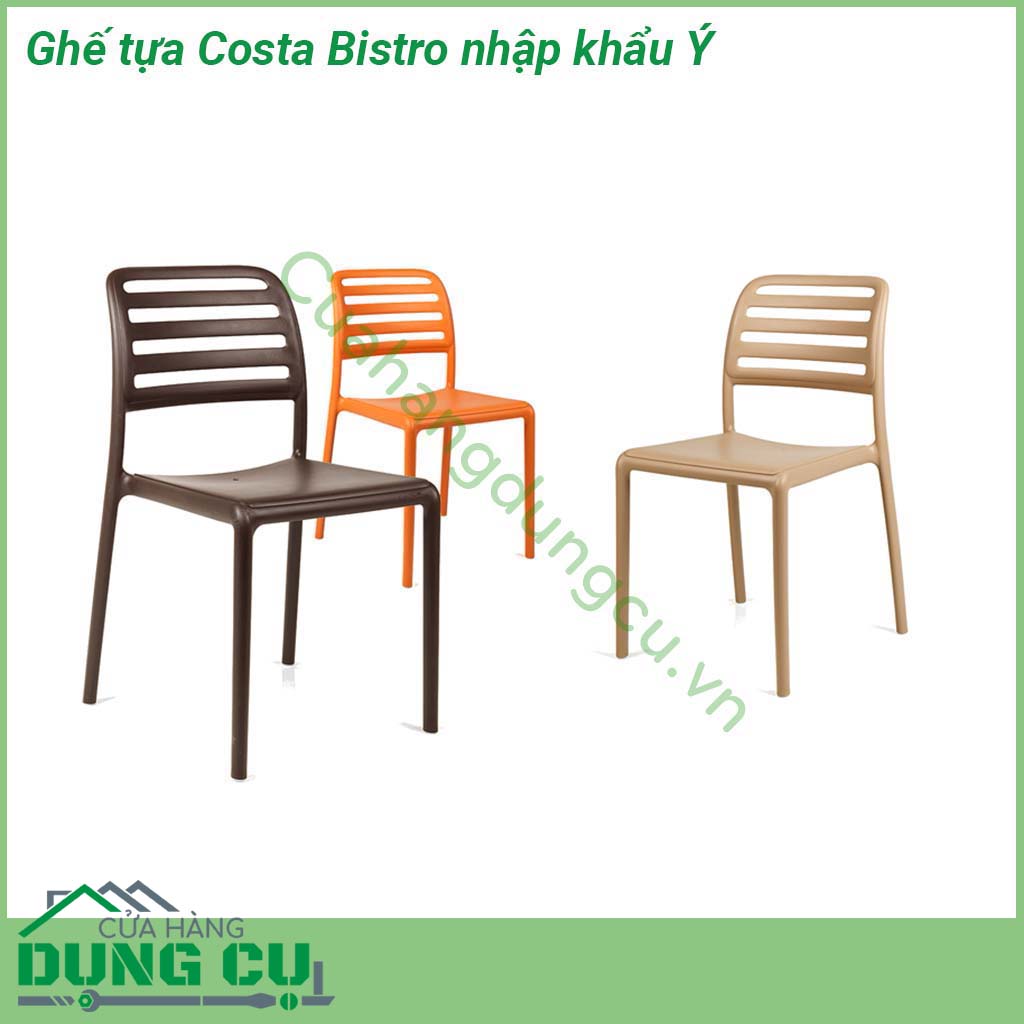 Ghế tựa Costa Bistro nhập khẩu Ý là chiếc ghế liền khối không tay vịn  Chất liệu nhựa polypropylene sợi thủy tinh có màu đồng nhất với các chất phụ gia UV  Kết thúc mờ  Với chân chống trượt  Nhựa có thể tái chế