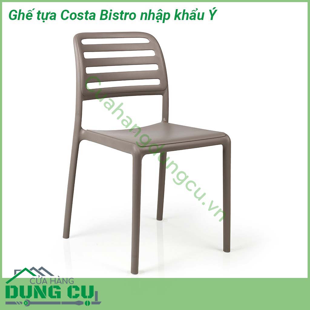 Ghế tựa Costa Bistro nhập khẩu Ý là chiếc ghế liền khối không tay vịn  Chất liệu nhựa polypropylene sợi thủy tinh có màu đồng nhất với các chất phụ gia UV  Kết thúc mờ  Với chân chống trượt  Nhựa có thể tái chế