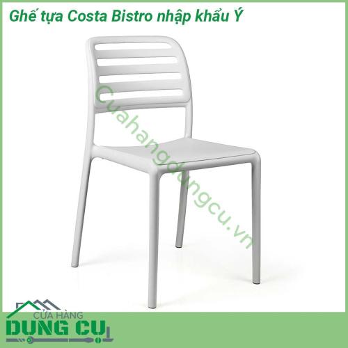 Ghế tựa Costa Bistro nhập khẩu Ý là chiếc ghế liền khối không tay vịn  Chất liệu nhựa polypropylene sợi thủy tinh có màu đồng nhất với các chất phụ gia UV  Kết thúc mờ  Với chân chống trượt  Nhựa có thể tái chế