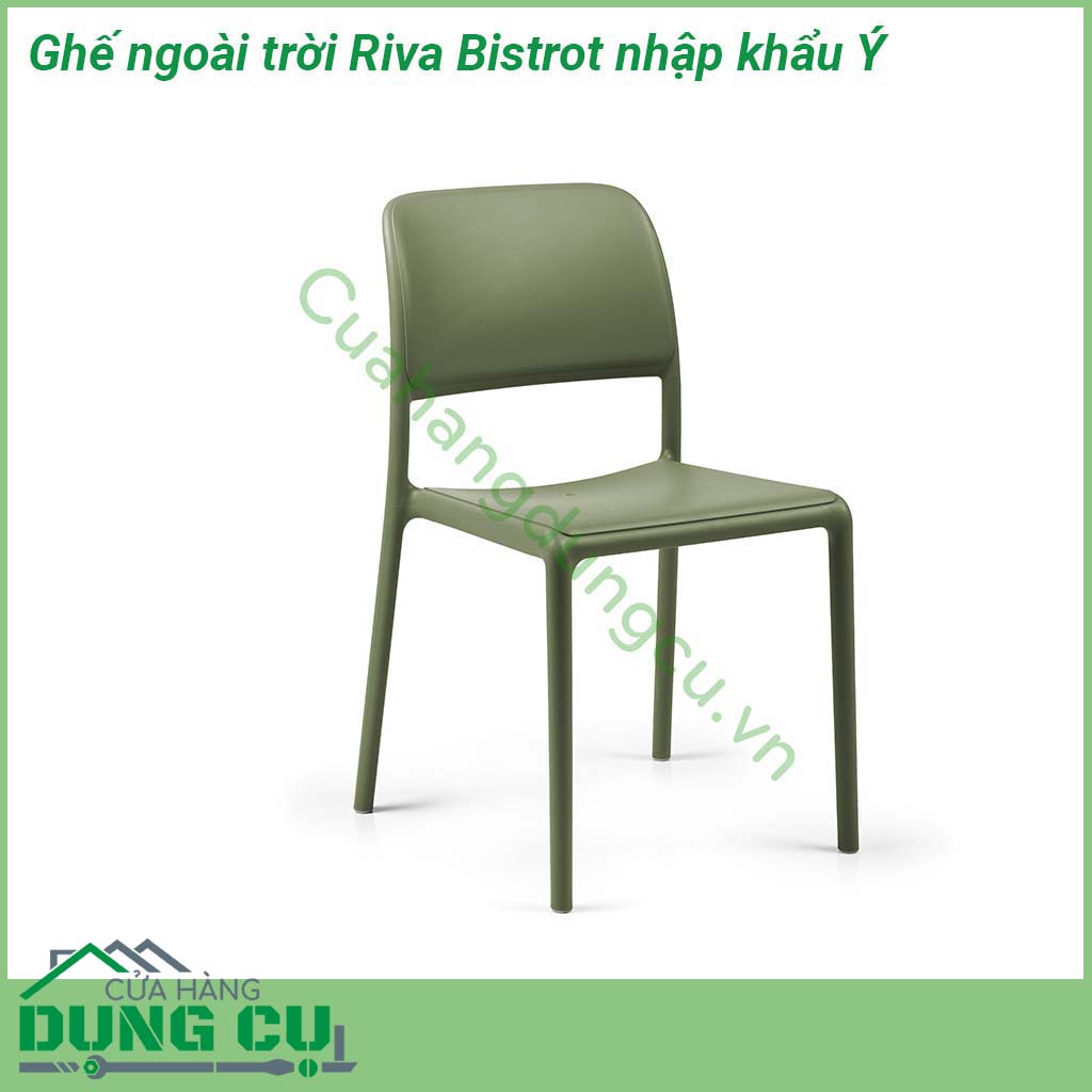 Ghế ngoài trời Riva Bistrot nhập khẩu Ý mang phong cách tối giản không có tay vịn bề mặt mờ khung hình ống với các góc bo tròn được làm bằng Polypropylene pha sợi thủy tinh đã qua xử lý tia UV và có thể tái chế