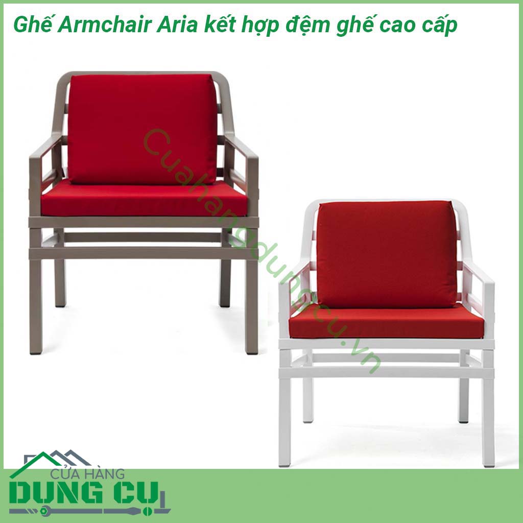 Ghế Armchair Aria kết hợp đệm ghế cao cấp được làm từ chất liệu khung nhựa Polypropylene cao cấp pha sợi thủy tinh chống tia UV được kết hợp với tựa ghế bọc vải acrylic giúp cho sản phẩm chịu được tác động từ yếu tố môi trường và thời tiết