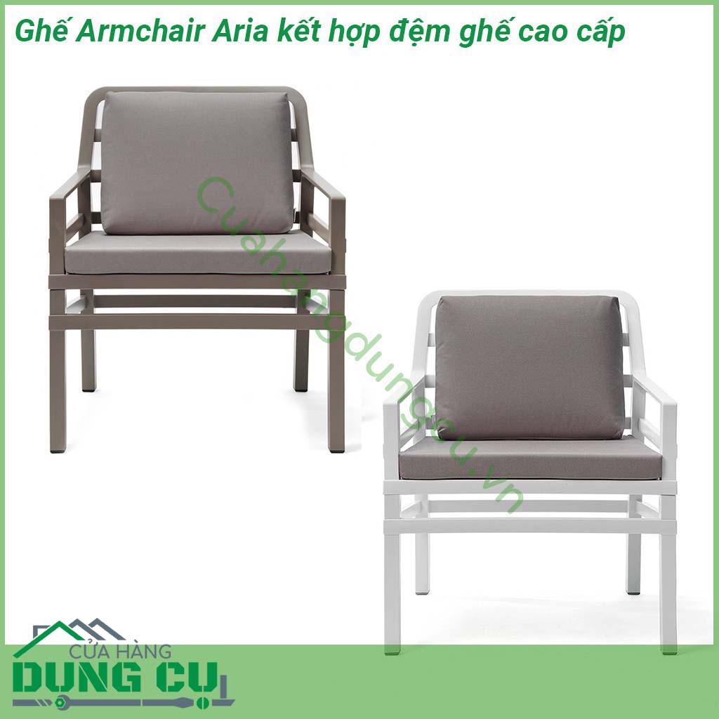 Ghế Armchair Aria kết hợp đệm ghế cao cấp được làm từ chất liệu khung nhựa Polypropylene cao cấp pha sợi thủy tinh chống tia UV được kết hợp với tựa ghế bọc vải acrylic giúp cho sản phẩm chịu được tác động từ yếu tố môi trường và thời tiết