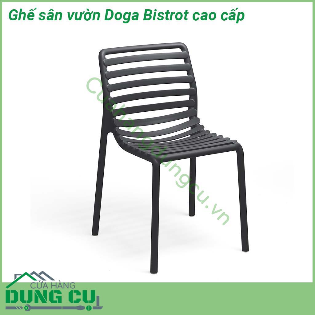 Ghế sân vườn Doga Bistrot thiết kế thanh mảnh  một chiếc ghế ngoài trời không có tay vịn được làm bằng nhựa nguyên sinh tinh khiết PP gia cường sợi thủy tinh fiberglass  Thiết kế rất tiện dụng để di chuyển có thể xếp chồng lên nhau dễ dàng vệ sinh và hoàn toàn có thể tái chế