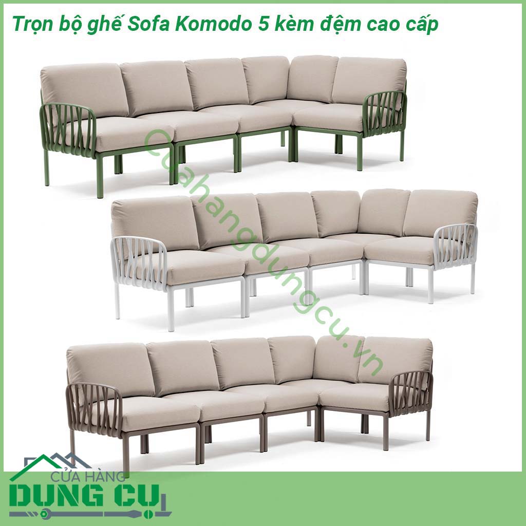 Ghế Sofa Komodo 5 kèm đệm cao cấp  khung polypropylene pha sợi thủy tinh với phụ gia UV Lưng tựa và tay vịn có thể được gắn trên tất cả các bên của ghế Có thể tháo rời và xếp gọn Bề mặt mờ Chân đế chống trượt Bộ đệm 5 chỗ đã bao gồm Khung kim loại hỗ trợ bên trong