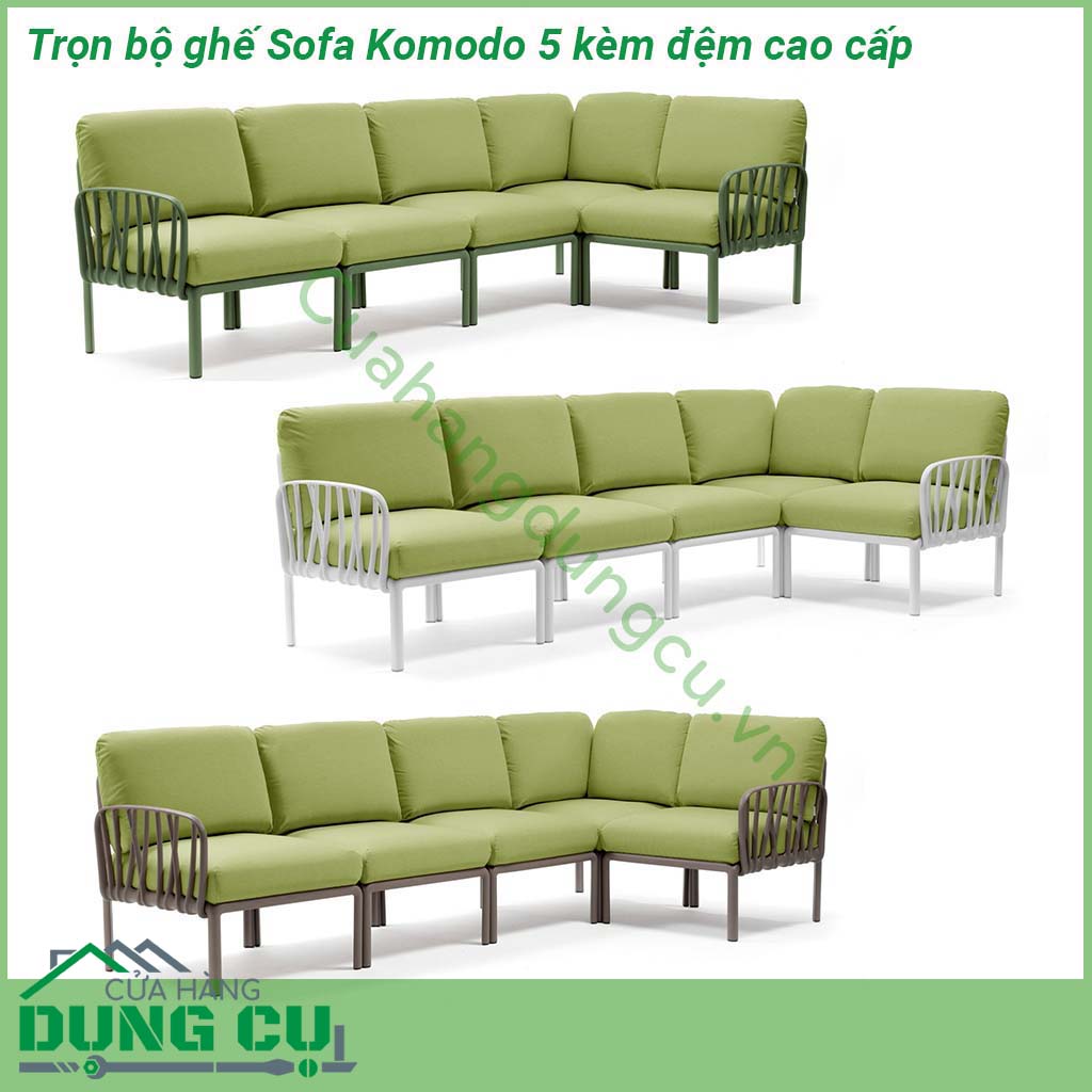 Ghế Sofa Komodo 5 kèm đệm cao cấp  khung polypropylene pha sợi thủy tinh với phụ gia UV Lưng tựa và tay vịn có thể được gắn trên tất cả các bên của ghế Có thể tháo rời và xếp gọn Bề mặt mờ Chân đế chống trượt Bộ đệm 5 chỗ đã bao gồm Khung kim loại hỗ trợ bên trong