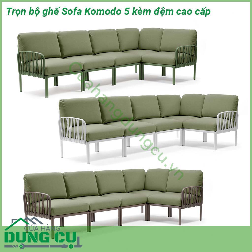 Ghế Sofa Komodo 5 kèm đệm cao cấp  khung polypropylene pha sợi thủy tinh với phụ gia UV Lưng tựa và tay vịn có thể được gắn trên tất cả các bên của ghế Có thể tháo rời và xếp gọn Bề mặt mờ Chân đế chống trượt Bộ đệm 5 chỗ đã bao gồm Khung kim loại hỗ trợ bên trong