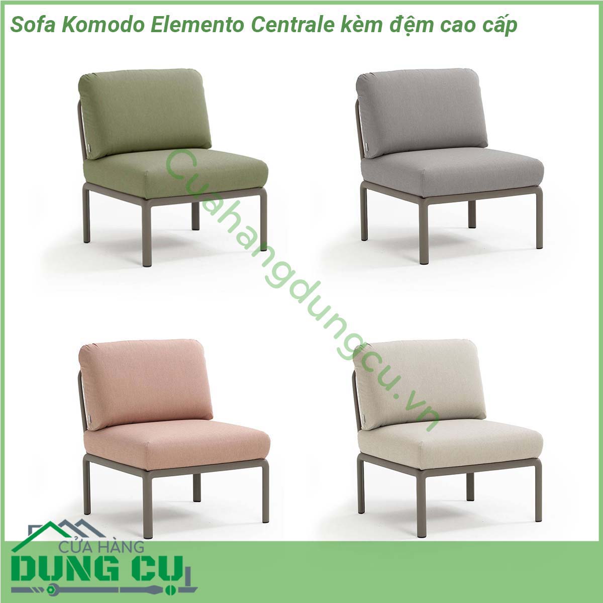 Sofa Komodo Elemento Centrale kèm đệm cao cấp với khung bằng nhựa polypropylene sợi thủy tinh có màu đồng nhất với các chất phụ gia UV Có thể gắn tựa lưng và tay vịn vào tất cả các mặt Có thể tháo rời Lớp sơn mờ Có chân chống trượt Bộ đệm đi kèm ‎ Nhựa tái chế ‎ 