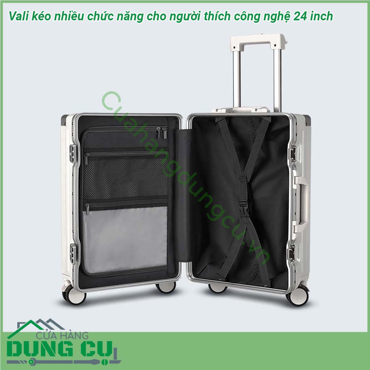 Vali kéo nhiều chức năng cho người thích công nghệ 24 inch có thiết kế khung làm bằng hợp kim nhôm siêu chắc chắn Tay cầm bằng kim loại sáng bóng không gỉ kéo lên kéo xuống mượt mà &nbsp;Kết cấu 8 bánh xe gắn quanh 4 trục xoay 360 độ giúp kéo đẩy vali nhẹ nhàng dễ dàng