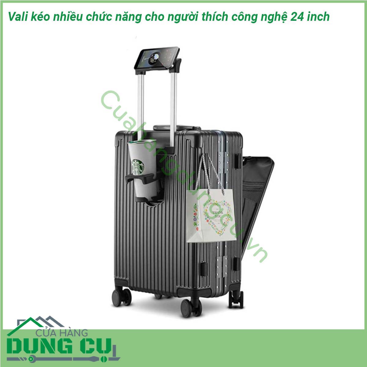 Vali kéo nhiều chức năng cho người thích công nghệ 24 inch có thiết kế khung làm bằng hợp kim nhôm siêu chắc chắn Tay cầm bằng kim loại sáng bóng không gỉ kéo lên kéo xuống mượt mà &nbsp;Kết cấu 8 bánh xe gắn quanh 4 trục xoay 360 độ giúp kéo đẩy vali nhẹ nhàng dễ dàng