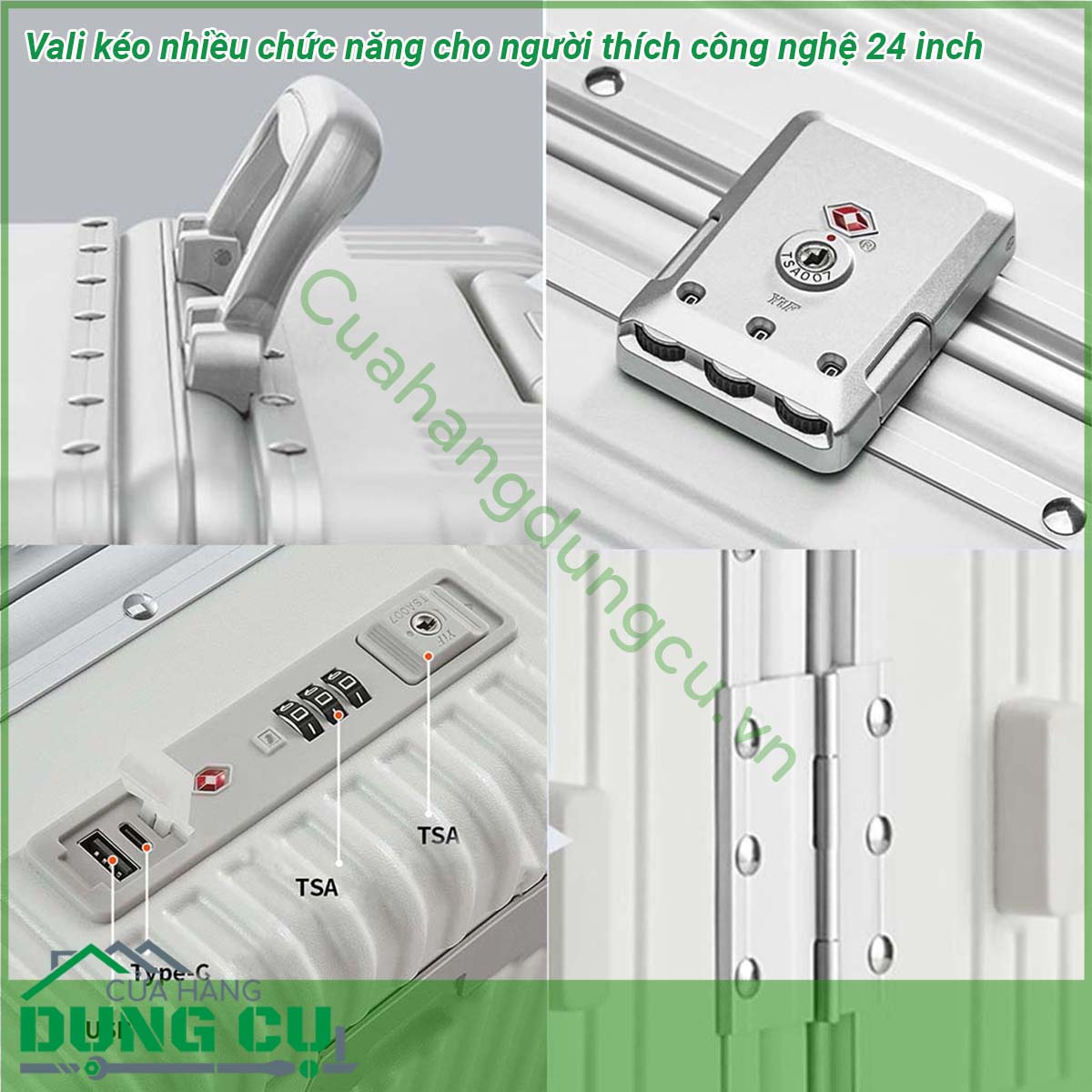 Vali kéo nhiều chức năng cho người thích công nghệ 24 inch có thiết kế khung làm bằng hợp kim nhôm siêu chắc chắn Tay cầm bằng kim loại sáng bóng không gỉ kéo lên kéo xuống mượt mà &nbsp;Kết cấu 8 bánh xe gắn quanh 4 trục xoay 360 độ giúp kéo đẩy vali nhẹ nhàng dễ dàng