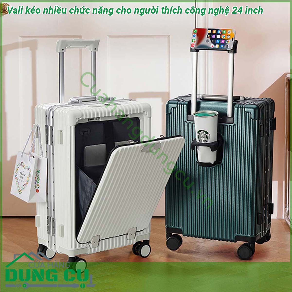 Vali kéo nhiều chức năng cho người thích công nghệ 24 inch có thiết kế khung làm bằng hợp kim nhôm siêu chắc chắn Tay cầm bằng kim loại sáng bóng không gỉ kéo lên kéo xuống mượt mà &nbsp;Kết cấu 8 bánh xe gắn quanh 4 trục xoay 360 độ giúp kéo đẩy vali nhẹ nhàng dễ dàng
