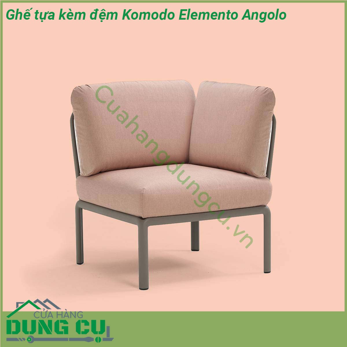 Ghế tựa kèm đệm Komodo Elemento Angolo được làm từ chất liệu Polypropylene pha sợi thủy tinh cao cấp được xử lý tia UV chịu được thời tiết mưa nắng khắc nghiệt Đệm ghế sofa được làm từ 100 sợi nhuộm acrylic chống nấm mốc chống bám bẩn thích hợp với sân vườn ngoài trời