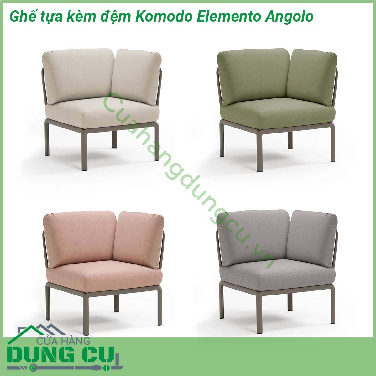 Ghế tựa kèm đệm Komodo Elemento Angolo được làm từ chất liệu Polypropylene pha sợi thủy tinh cao cấp được xử lý tia UV chịu được thời tiết mưa nắng khắc nghiệt Đệm ghế sofa được làm từ 100 sợi nhuộm acrylic chống nấm mốc chống bám bẩn thích hợp với sân vườn ngoài trời