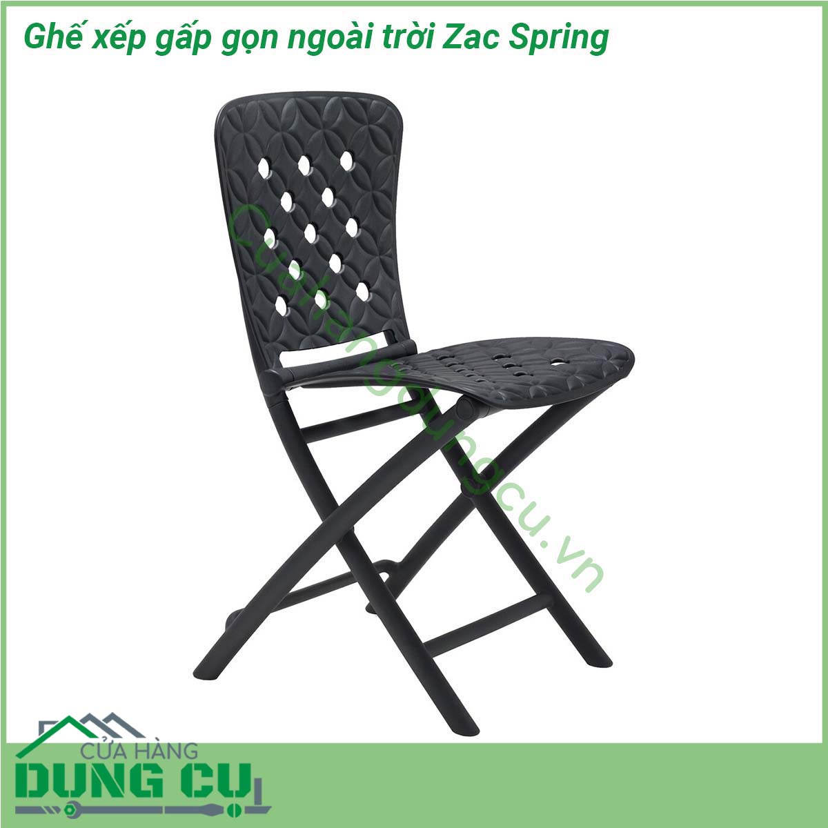 Ghế xếp gấp gọn ngoài trời Zac Spring nhiều màu sắc và hiện đại được làm bằng Polypropylene sợi thủy tinh một vật liệu kỹ thuật thế hệ mới nhất rất bền và đàn hồi  Ghế có lưng và mặt ngồi với thiết kế hình học được chạm khắc và đục lỗ dễ dàng gấp gọn để tiết kiệm diện tích và dễ dàng cất giữ khi không sử dụng