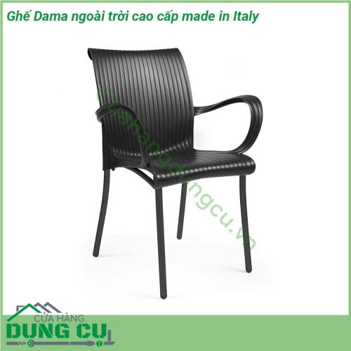 Ghế Dama ngoài trời cao cấp made in Italy một chiếc ghế có tay vịn bằng nhựa PP nguyên cao cấp pha sợi thủy tinh và lớp hoàn thiện mờ  Thích hợp cho sử dụng trong nhà và ngoài trời  Chân nhôm sơn phủ đồng màu với lưng và đệm thành một khối thống nhất