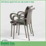 Ghế Dama ngoài trời cao cấp made in Italy một chiếc ghế có tay vịn bằng nhựa PP nguyên cao cấp pha sợi thủy tinh và lớp hoàn thiện mờ  Thích hợp cho sử dụng trong nhà và ngoài trời  Chân nhôm sơn phủ đồng màu với lưng và đệm thành một khối thống nhất