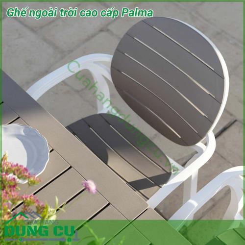 Ghế ngoài trời cao cấp Palma được làm từ chất liệu Polypropylene pha sợi thủy tinh cao cấp được xử lý tia UV chịu được thời tiết mưa nắng khắc nghiệt thích hợp với sân vườn ngoài trời