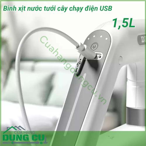 Bình xịt nước tưới cây chạy điện USB dung tích 1 5L được làm bằng chất liệu bền và có tay cầm ABS công thái học  Có hai phương pháp phun tia nước và sương mù mịn Vòi xoay 360 độ cho phép bạn điều chỉnh mẫu phun nước khi cần thiết