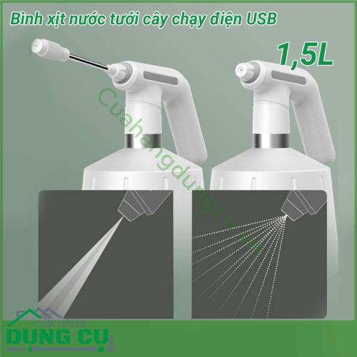 Bình xịt nước tưới cây chạy điện USB dung tích 1 5L được làm bằng chất liệu bền và có tay cầm ABS công thái học  Có hai phương pháp phun tia nước và sương mù mịn Vòi xoay 360 độ cho phép bạn điều chỉnh mẫu phun nước khi cần thiết