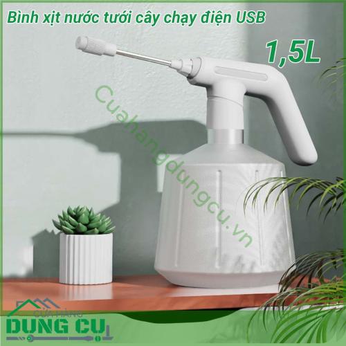 Bình xịt nước tưới cây chạy điện USB dung tích 1 5L được làm bằng chất liệu bền và có tay cầm ABS công thái học  Có hai phương pháp phun tia nước và sương mù mịn Vòi xoay 360 độ cho phép bạn điều chỉnh mẫu phun nước khi cần thiết