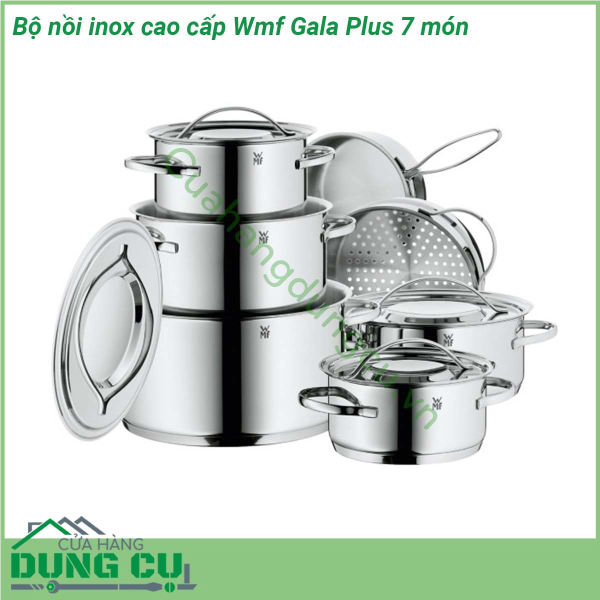 Bộ nồi inox cao cấp Wmf Gala Plus 7 món&nbsp;thiết kế tinh tế hiện đại với đường nét sắc sảo chất liệu Cromagan 18 10 và thép không gỉ dễ làm sạch và phân phối nhiệt đều tiết kiệm năng lượng và thời gian nấu tối đa dùng được cho mọi loại bếp kể cả cho vào lò nướng ở nhiệt độ 180 độ C