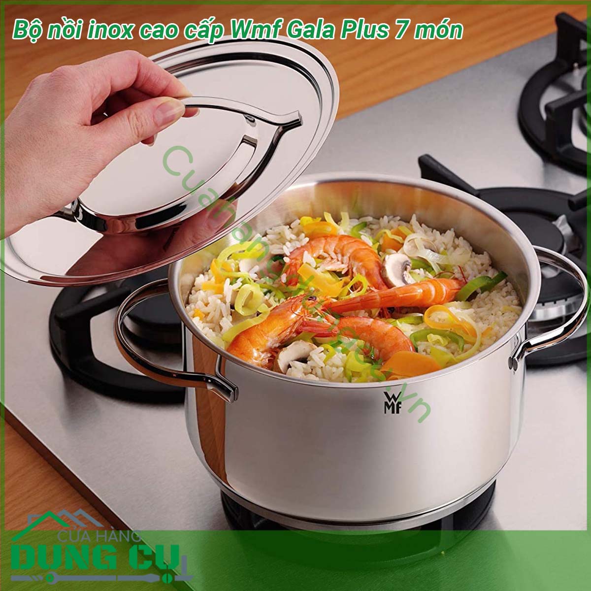 Bộ nồi inox cao cấp Wmf Gala Plus 7 món&nbsp;thiết kế tinh tế hiện đại với đường nét sắc sảo chất liệu Cromagan 18 10 và thép không gỉ dễ làm sạch và phân phối nhiệt đều tiết kiệm năng lượng và thời gian nấu tối đa dùng được cho mọi loại bếp kể cả cho vào lò nướng ở nhiệt độ 180 độ C