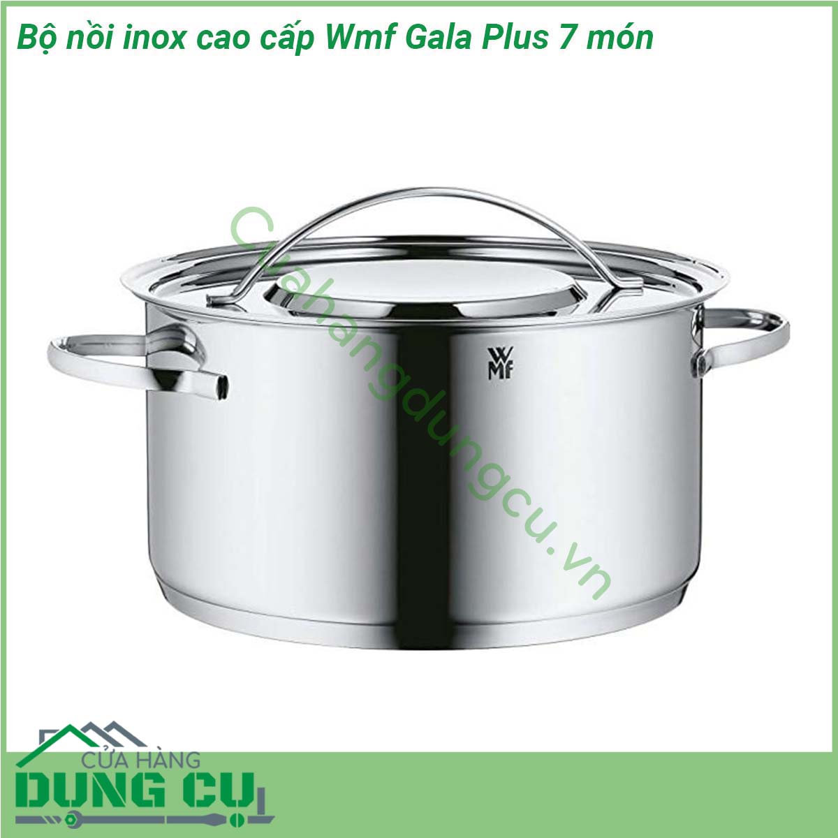 Bộ nồi inox cao cấp Wmf Gala Plus 7 món&nbsp;thiết kế tinh tế hiện đại với đường nét sắc sảo chất liệu Cromagan 18 10 và thép không gỉ dễ làm sạch và phân phối nhiệt đều tiết kiệm năng lượng và thời gian nấu tối đa dùng được cho mọi loại bếp kể cả cho vào lò nướng ở nhiệt độ 180 độ C