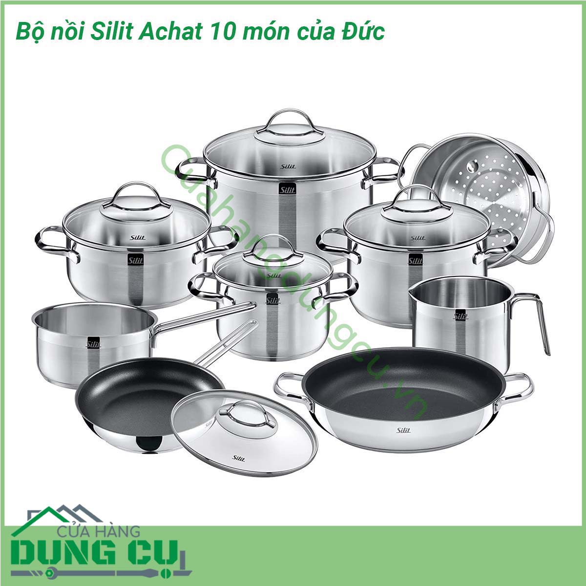 Bộ nồi Silit Achat 10 món của Đức&nbsp;được làm từ chất liệu thép 18 10 hoàn toàn không chứa nickel Cực kỳ an toàn cho sức khỏe Chất liệu này rất nổi tiếng về khả năng chống xước chống mài mòn Tay cầm thiết kế chống nóng hiệu quả Nắp kính dễ dàng quan sát việc nấu nướng