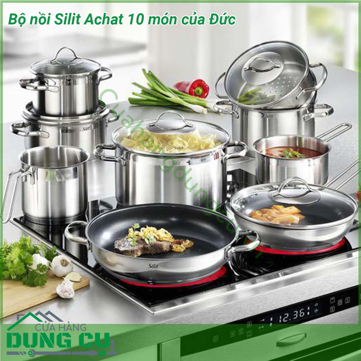 Bộ nồi Silit Achat 10 món của Đức&nbsp;được làm từ chất liệu thép 18 10 hoàn toàn không chứa nickel Cực kỳ an toàn cho sức khỏe Chất liệu này rất nổi tiếng về khả năng chống xước chống mài mòn Tay cầm thiết kế chống nóng hiệu quả Nắp kính dễ dàng quan sát việc nấu nướng