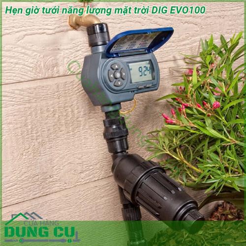 Hẹn giờ tưới năng lượng mặt trời DIG EVO100 được trang bị màn hình LCD lớn đơn giản hệ thống biểu tượng dễ dàng quan sát và cài đặt Với chất liệu thân nhựa đặc cao cấp  Van điện tử nylon gia có bằng thuỷ tinh pít tông bằng thép không rỉ  Không thấm nước chất liệu nhựa thân thiện với môi trường