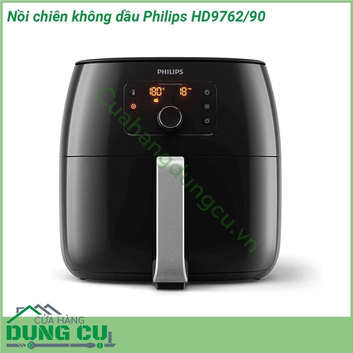 Nồi chiên không dầu Philips HD9762 90&nbsp;thiết kế đặc biệt bởi Philips Hà Lan Với màn hình hiển thị kỹ thuật số và núm xoay giúp người sử dụng có thể dễ dàng thao tác sử dụng Khi sử dụng&nbsp;bạn có thể lựa chọn 5 chức năng chiên rán cùng thời gian chế biến khác nhau Dải nhiệt tự điều chỉnh từ 40 độ – 200 độ giúp các món ăn được chế biến thơm ngon hấp dẫn hơn